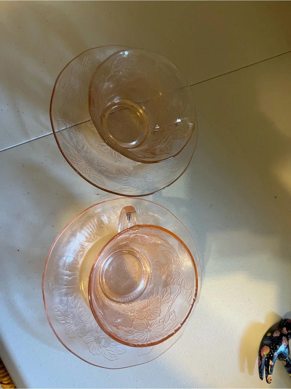 2 Dogwood Pink Depression Glass Teacup and Saucer Set